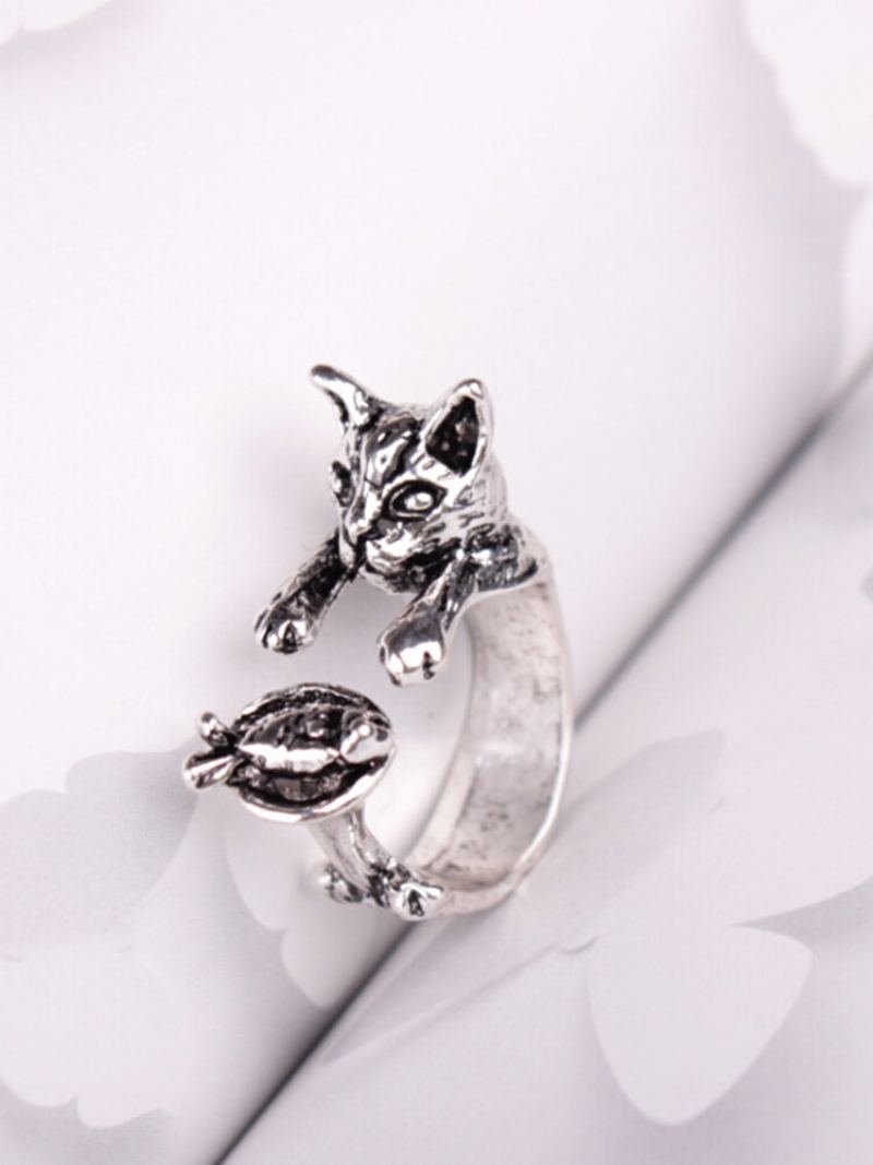 Vintage Animals-shape Women Ring Cute Cat Eat Fish Šperky Dárek