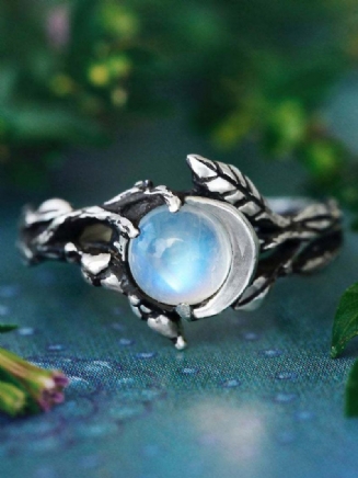 Vintage Vyřezávané Listy Moonstone Alloy Prsten