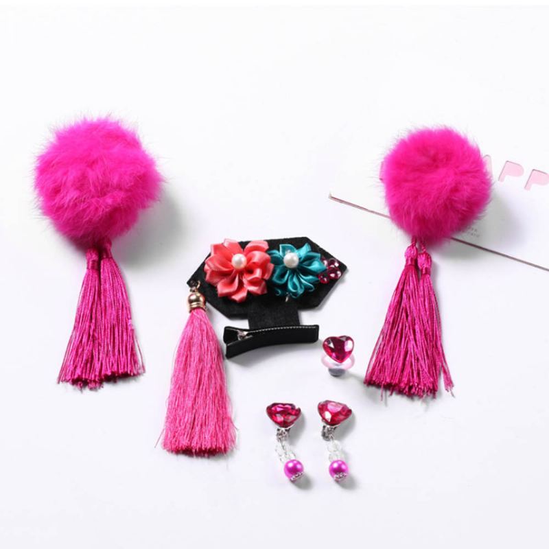 Vlásenka Čínského Stylu Dlouhý Střapec Cony Fur Ball Hairstyle Barrette Klasická Sada Vlasových Doplňků Pro Mřížky