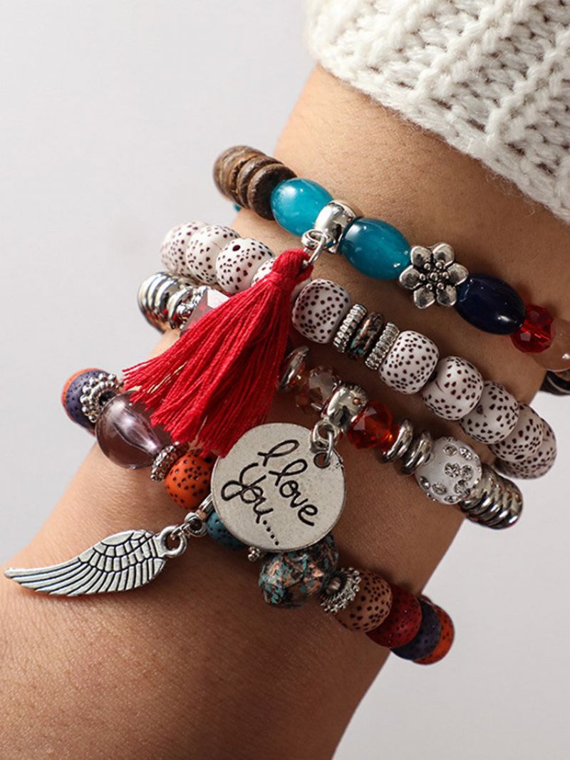 Bohemian Multi Layer Beaded Bracelet African Tassels Náramek Bodhi Leaf Pro Ženy