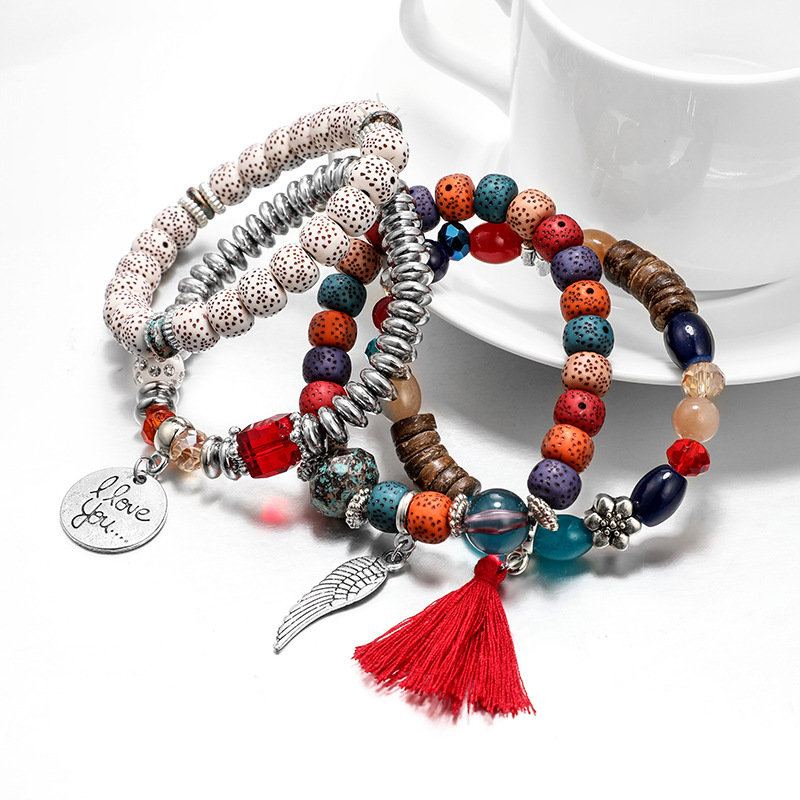 Bohemian Multi Layer Beaded Bracelet African Tassels Náramek Bodhi Leaf Pro Ženy