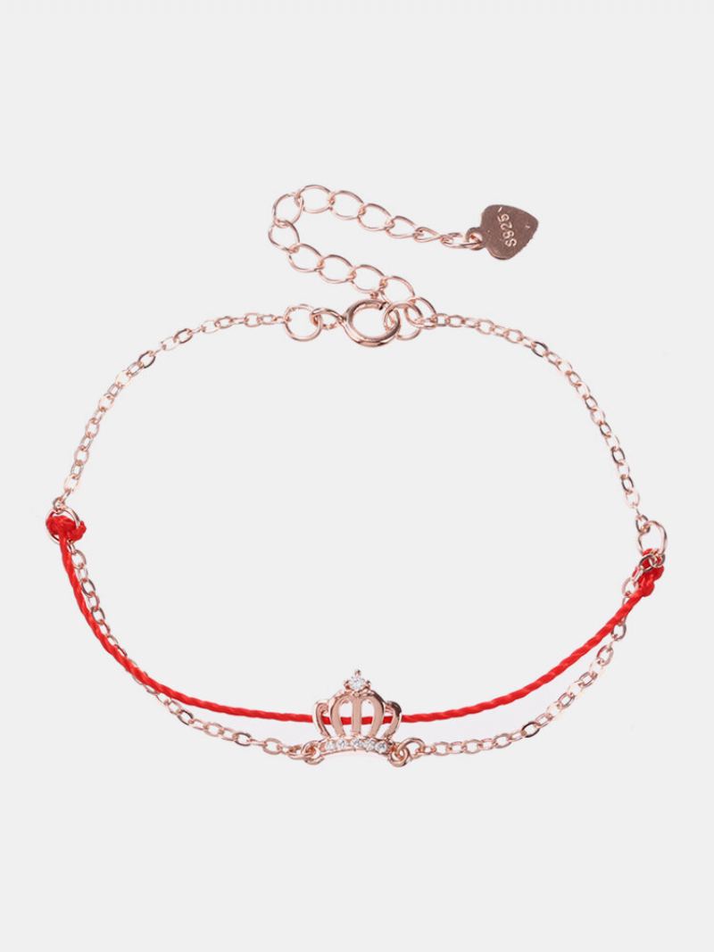 Luxusní 925 Sterling Silver Red Rope Náramky Lucky Charm S Řetízkem Se Zirkonovou Korunou Z Růžového Zlata