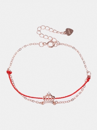 Luxusní 925 Sterling Silver Red Rope Náramky Lucky Charm S Řetízkem Se Zirkonovou Korunou Z Růžového Zlata