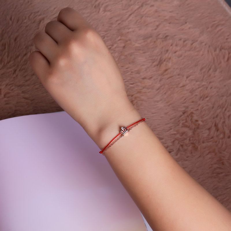 Luxusní 925 Sterling Silver Red Rope Náramky Lucky Charm S Řetízkem Se Zirkonovou Korunou Z Růžového Zlata