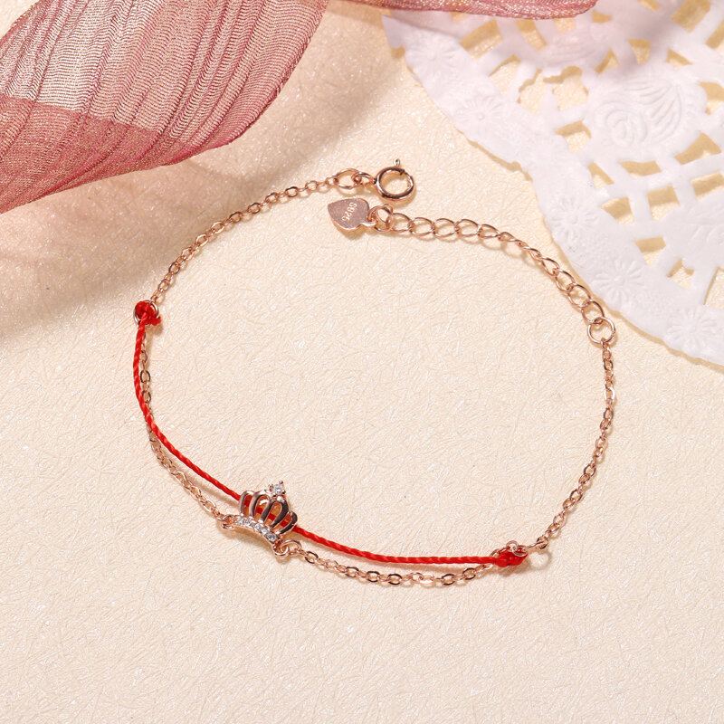 Luxusní 925 Sterling Silver Red Rope Náramky Lucky Charm S Řetízkem Se Zirkonovou Korunou Z Růžového Zlata