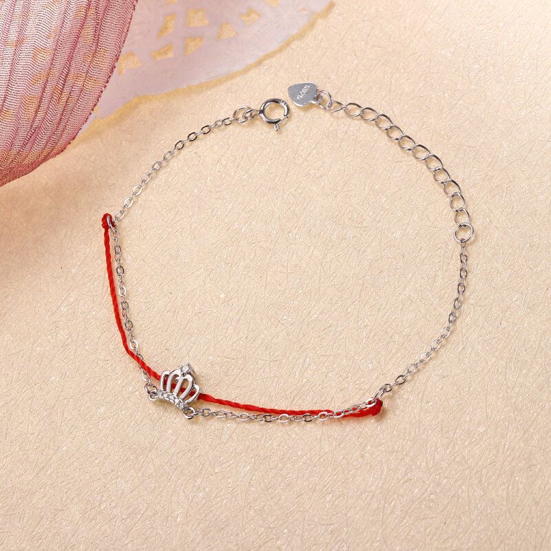 Luxusní 925 Sterling Silver Red Rope Náramky Lucky Charm S Řetízkem Se Zirkonovou Korunou Z Růžového Zlata