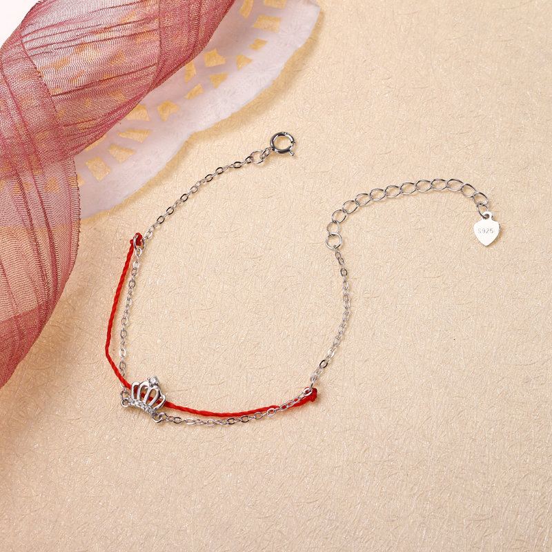 Luxusní 925 Sterling Silver Red Rope Náramky Lucky Charm S Řetízkem Se Zirkonovou Korunou Z Růžového Zlata