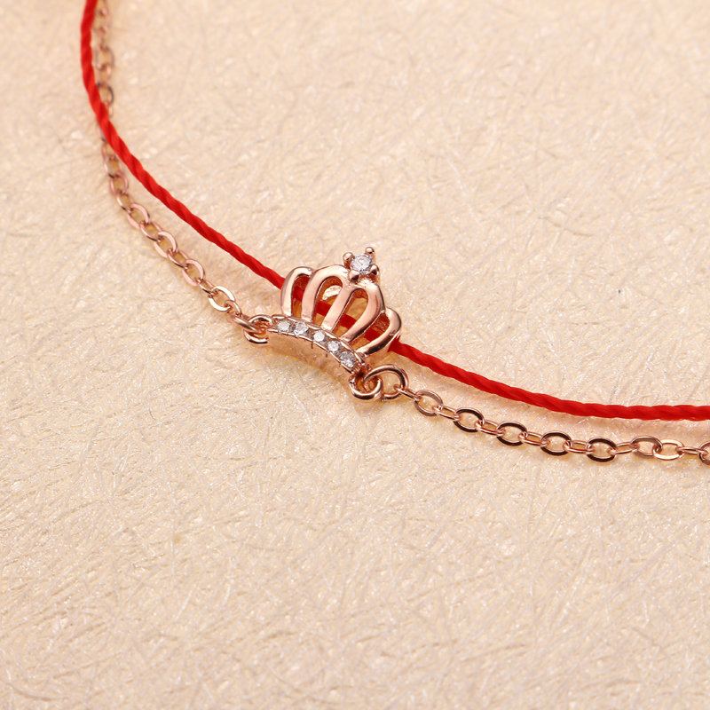 Luxusní 925 Sterling Silver Red Rope Náramky Lucky Charm S Řetízkem Se Zirkonovou Korunou Z Růžového Zlata