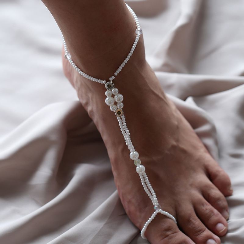 Summer Fresh Pearl Diamond Crystal Beaded Anklet Beach Jednoduchý Sexy Řetízek Na Špičku