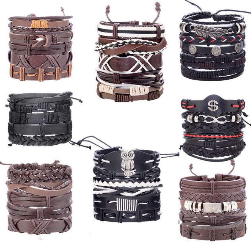 Vintage Punk Bracelet Set Vícevrstvý Listový Přívěsek Pu Leather Ručně Vyrobený Náramek