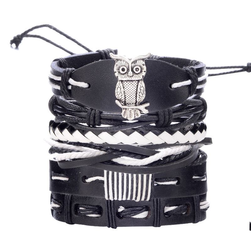 Vintage Punk Bracelet Set Vícevrstvý Listový Přívěsek Pu Leather Ručně Vyrobený Náramek