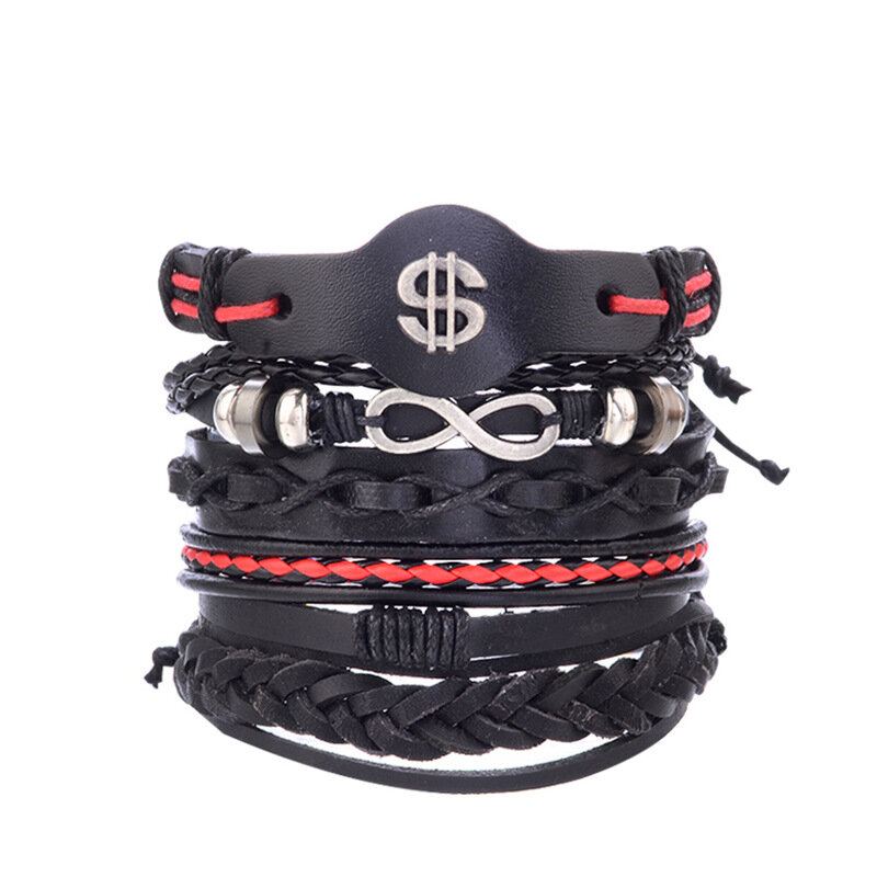 Vintage Punk Bracelet Set Vícevrstvý Listový Přívěsek Pu Leather Ručně Vyrobený Náramek