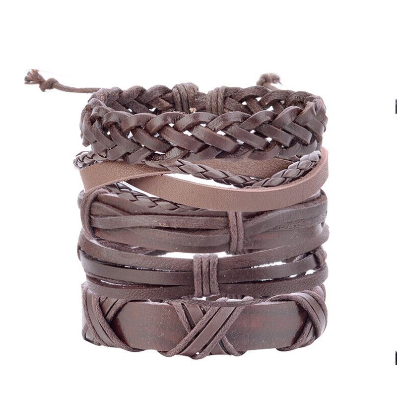 Vintage Punk Bracelet Set Vícevrstvý Listový Přívěsek Pu Leather Ručně Vyrobený Náramek