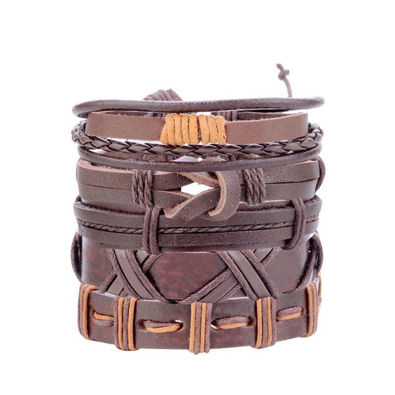 Vintage Punk Bracelet Set Vícevrstvý Listový Přívěsek Pu Leather Ručně Vyrobený Náramek