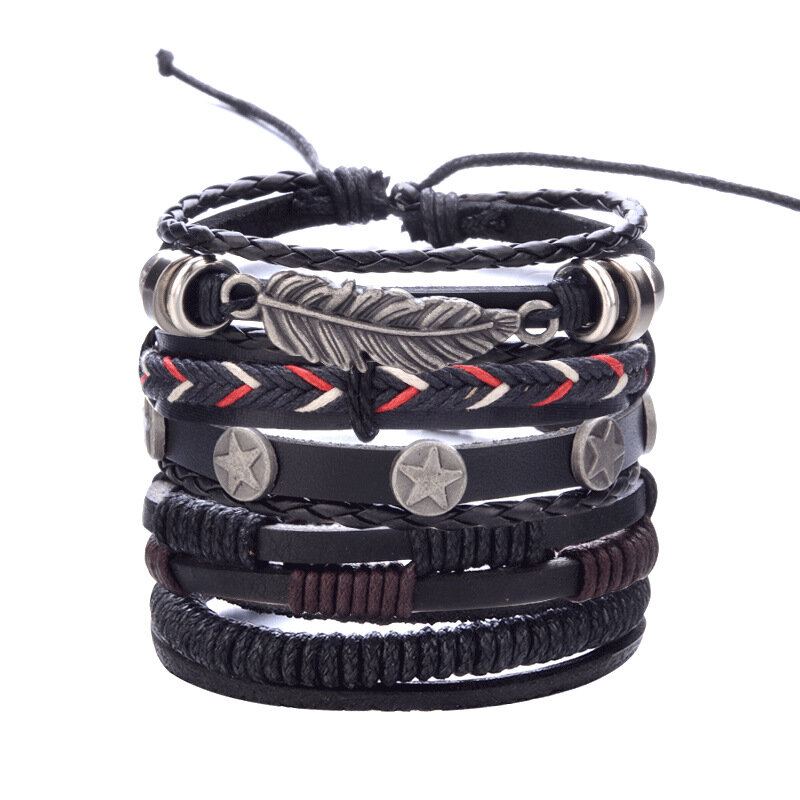 Vintage Punk Bracelet Set Vícevrstvý Listový Přívěsek Pu Leather Ručně Vyrobený Náramek