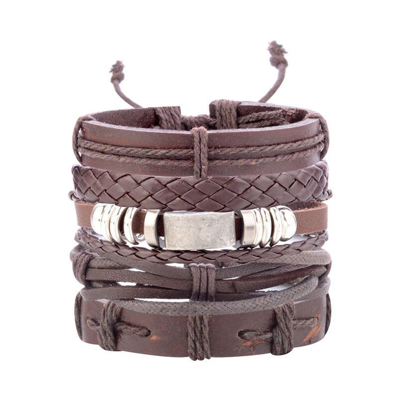 Vintage Punk Bracelet Set Vícevrstvý Listový Přívěsek Pu Leather Ručně Vyrobený Náramek