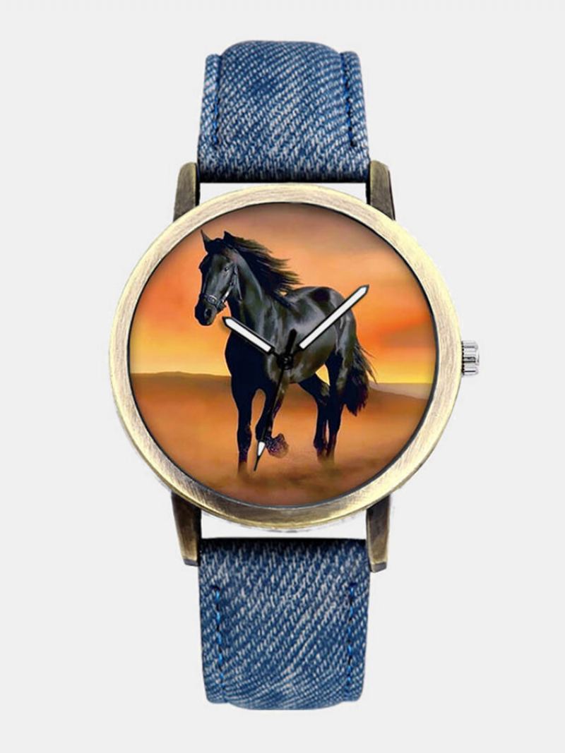 Casual All-match Denim Strap Men Watch Black Horse Desert Dial Dámské Quartz Hodinky