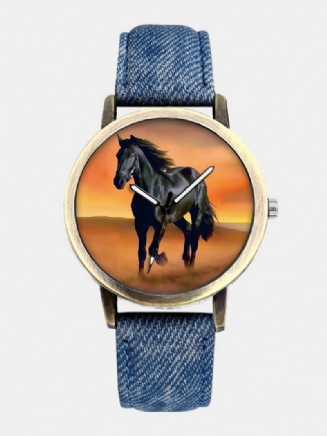 Casual All-match Denim Strap Men Watch Black Horse Desert Dial Dámské Quartz Hodinky