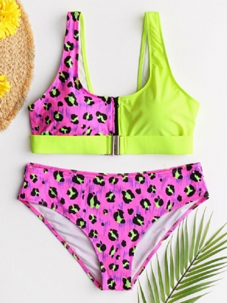 Dámská Vesta Bikiny Leopard Patchwork Přední Přezka Na Zip Sexy Plavky