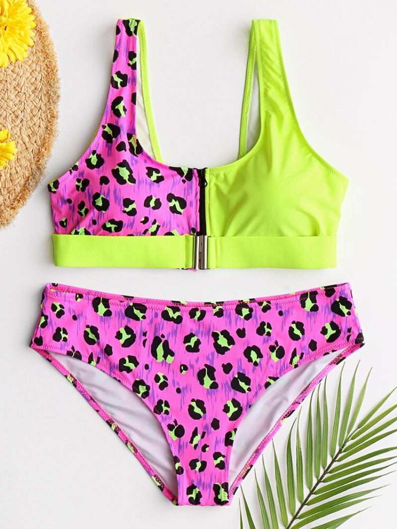 Dámská Vesta Bikiny Leopard Patchwork Přední Přezka Na Zip Sexy Plavky