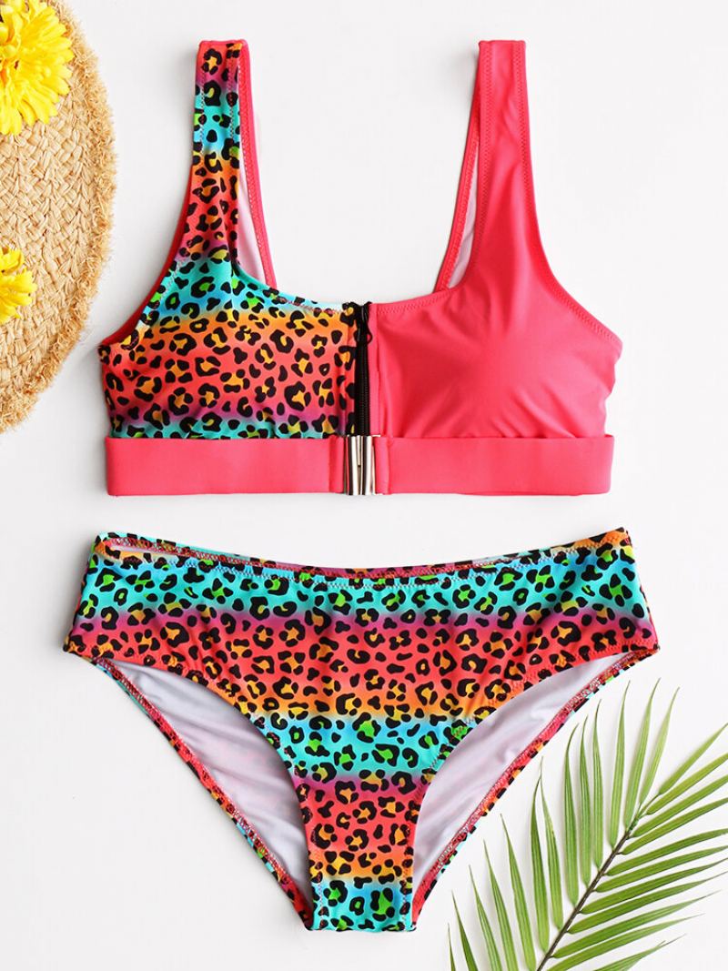 Dámská Vesta Bikiny Leopard Patchwork Přední Přezka Na Zip Sexy Plavky