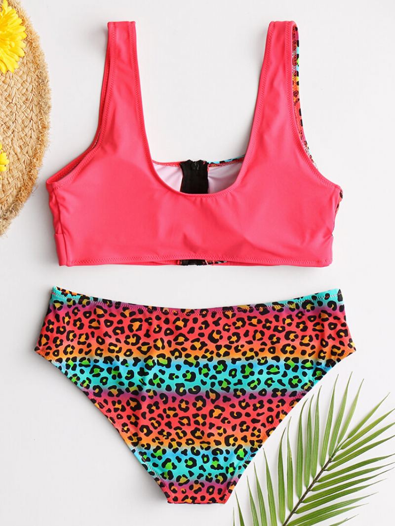 Dámská Vesta Bikiny Leopard Patchwork Přední Přezka Na Zip Sexy Plavky