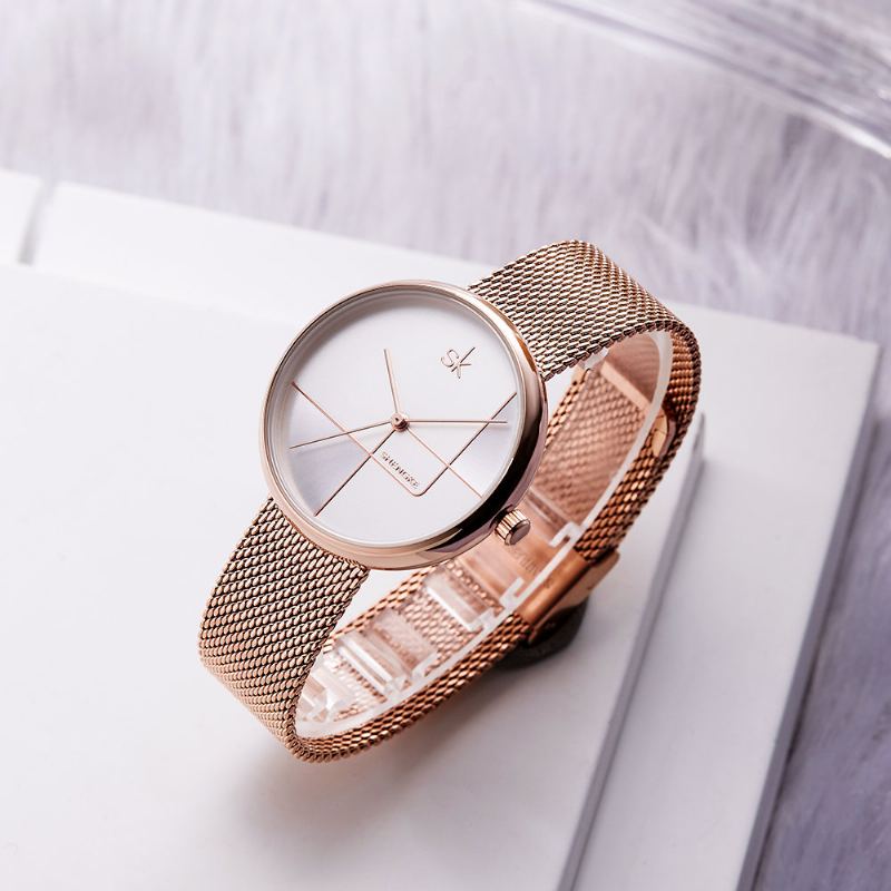 Geometric Line Jednoduchý Jehlový Ciferník Dámské Celoocelové Šaty Luxusní Quartz Hodinky