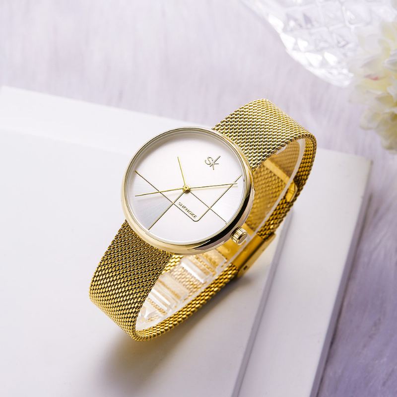 Geometric Line Jednoduchý Jehlový Ciferník Dámské Celoocelové Šaty Luxusní Quartz Hodinky