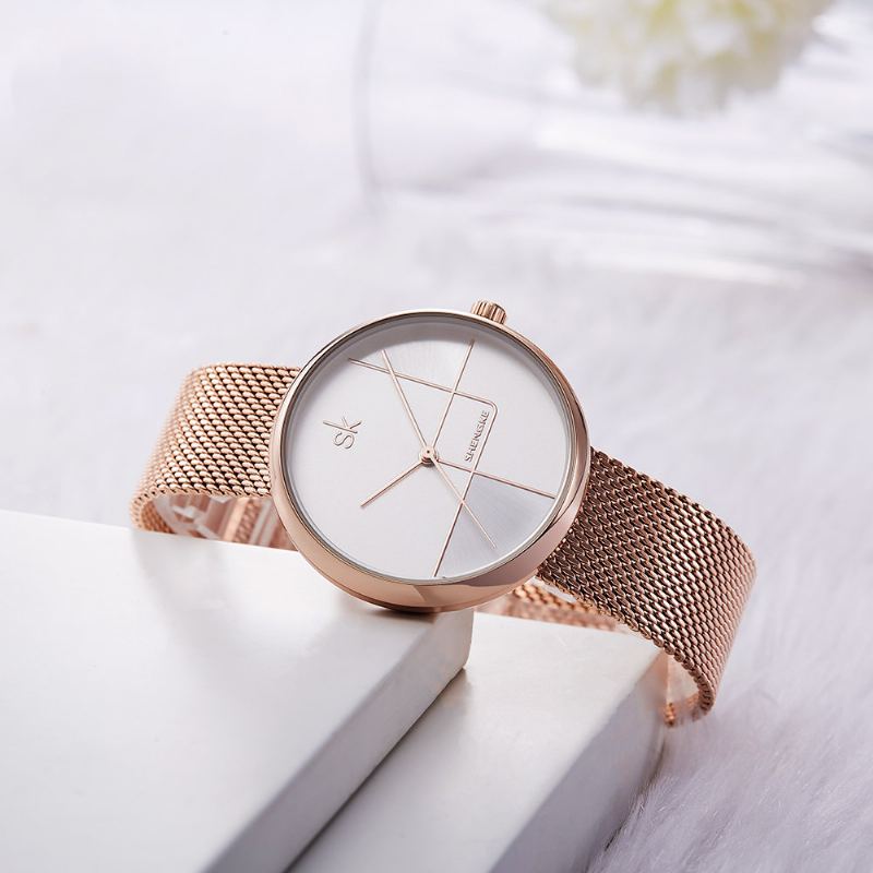 Geometric Line Jednoduchý Jehlový Ciferník Dámské Celoocelové Šaty Luxusní Quartz Hodinky