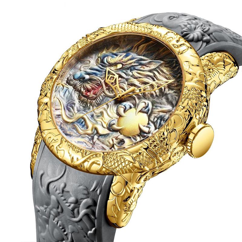 Luxusní Módní Dragon Design Quartz Hodinky Biden Pánské Silikonový Pásek Vodotěsné Náramkové Sportovní Hodiny Relogio Masculino