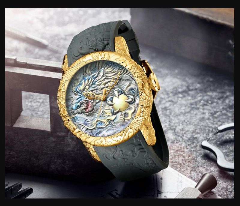 Luxusní Módní Dragon Design Quartz Hodinky Biden Pánské Silikonový Pásek Vodotěsné Náramkové Sportovní Hodiny Relogio Masculino