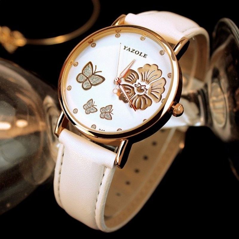 Módní Hodinky Butterfly Flower Dial Kožené Dámské Diamond