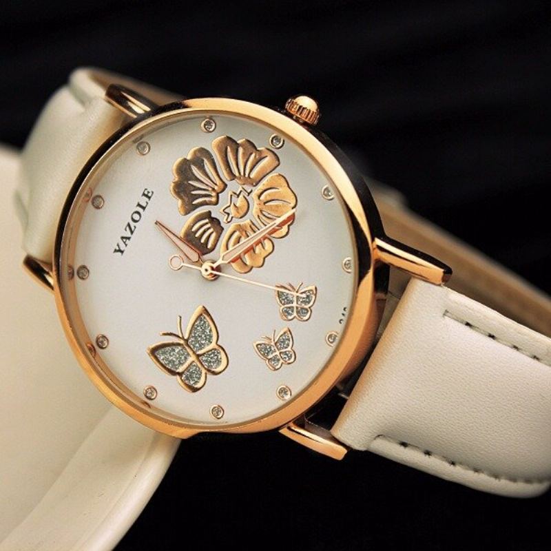 Módní Hodinky Butterfly Flower Dial Kožené Dámské Diamond