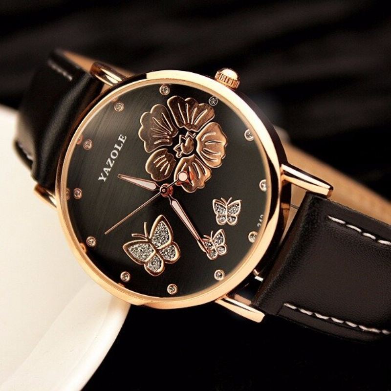 Módní Hodinky Butterfly Flower Dial Kožené Dámské Diamond