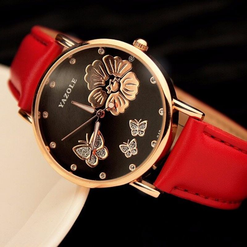 Módní Hodinky Butterfly Flower Dial Kožené Dámské Diamond