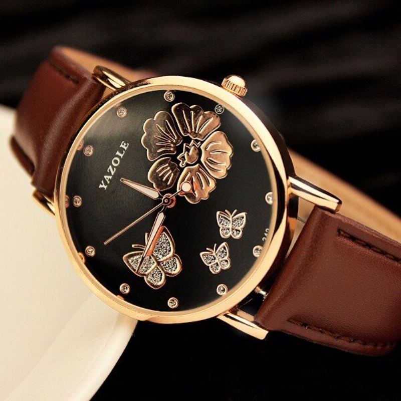 Módní Hodinky Butterfly Flower Dial Kožené Dámské Diamond