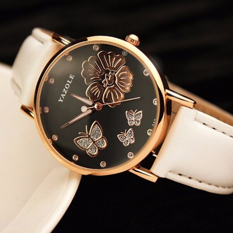 Módní Hodinky Butterfly Flower Dial Kožené Dámské Diamond