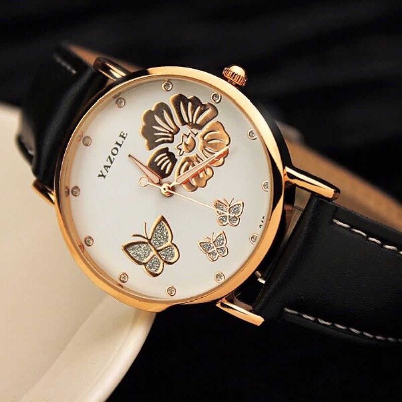 Módní Hodinky Butterfly Flower Dial Kožené Dámské Diamond