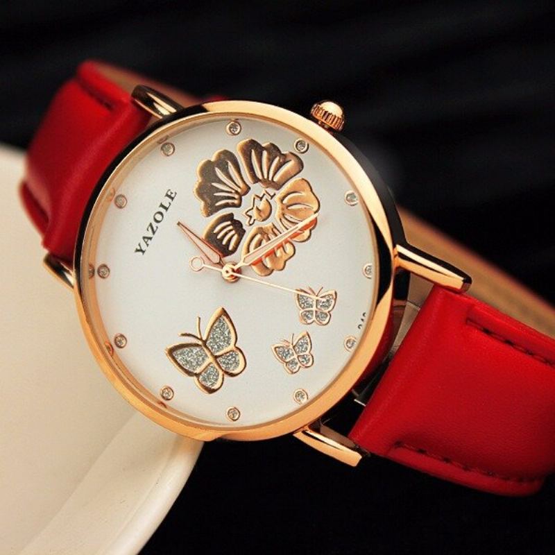 Módní Hodinky Butterfly Flower Dial Kožené Dámské Diamond