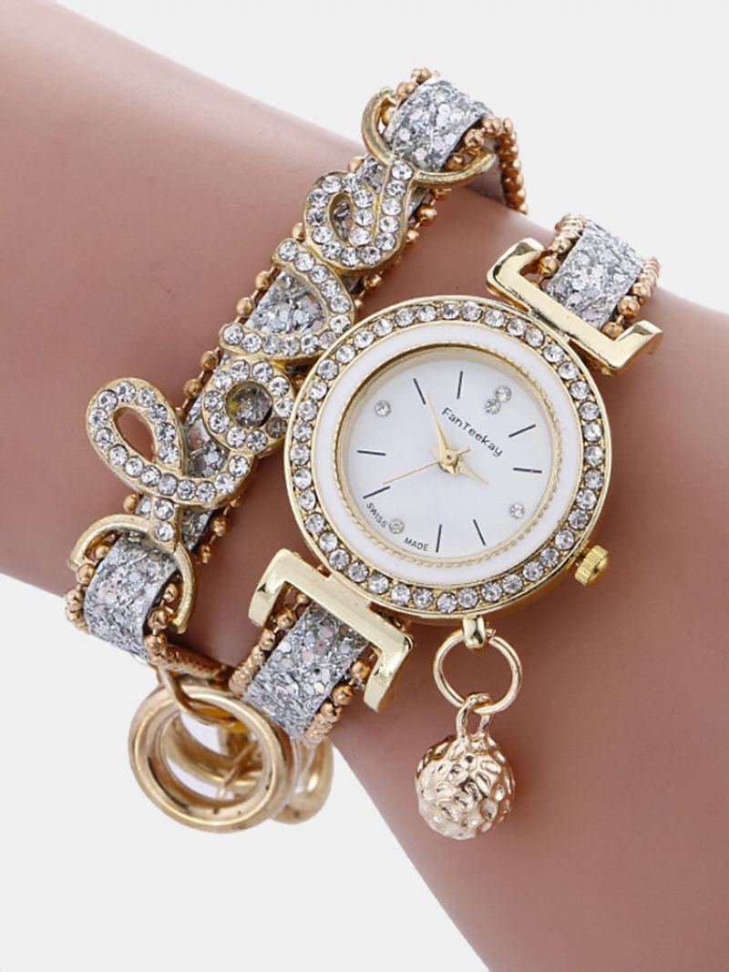 Módní Náramkové Hodinky Quartz Gold Alloy Rhinestone Love Dvouvrstvé Malé Zvonkové Pro Ženy