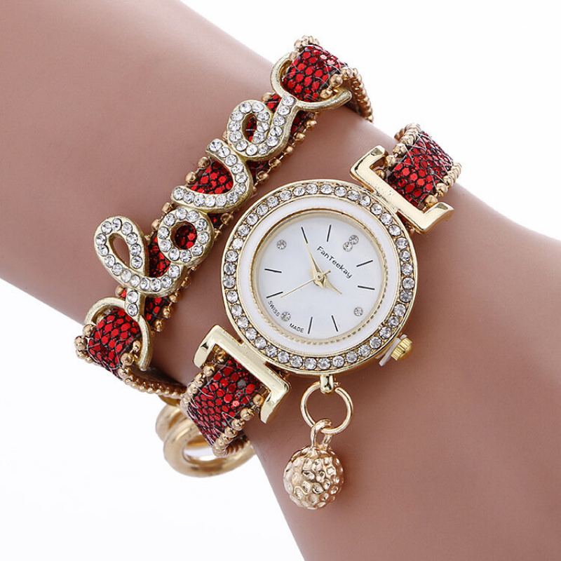 Módní Náramkové Hodinky Quartz Gold Alloy Rhinestone Love Dvouvrstvé Malé Zvonkové Pro Ženy