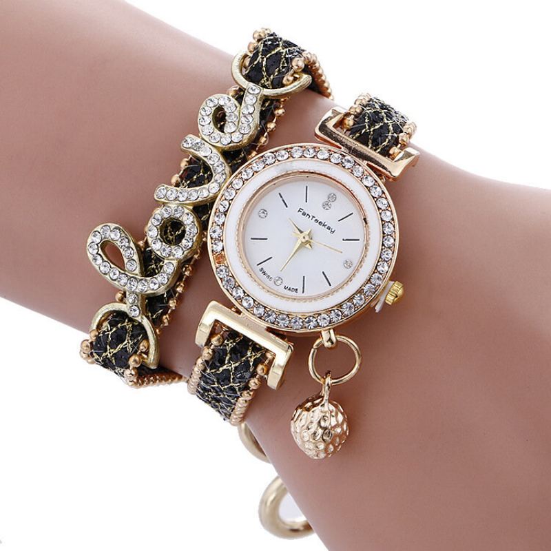 Módní Náramkové Hodinky Quartz Gold Alloy Rhinestone Love Dvouvrstvé Malé Zvonkové Pro Ženy