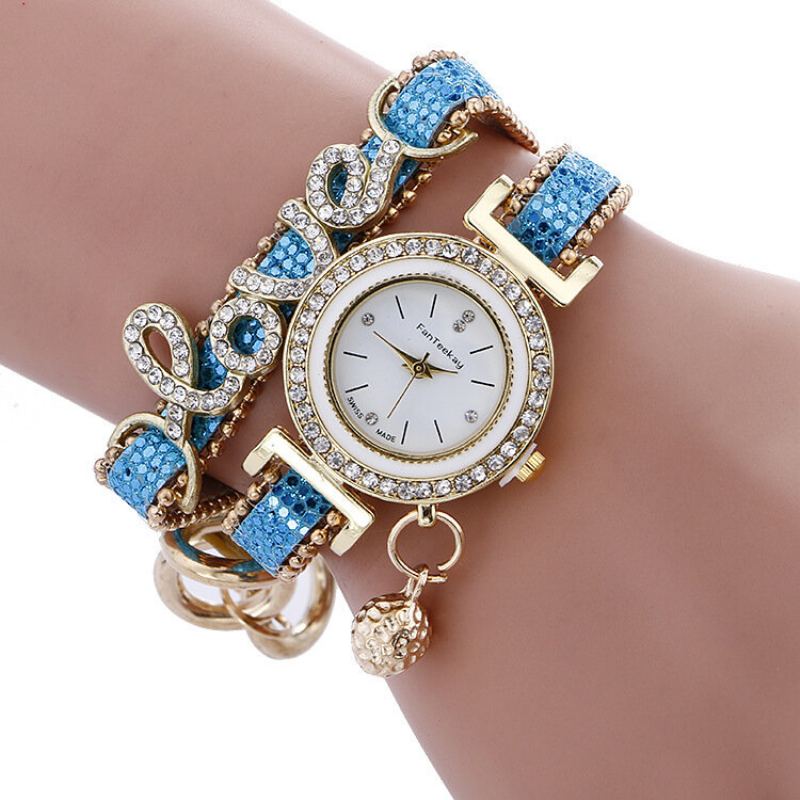 Módní Náramkové Hodinky Quartz Gold Alloy Rhinestone Love Dvouvrstvé Malé Zvonkové Pro Ženy