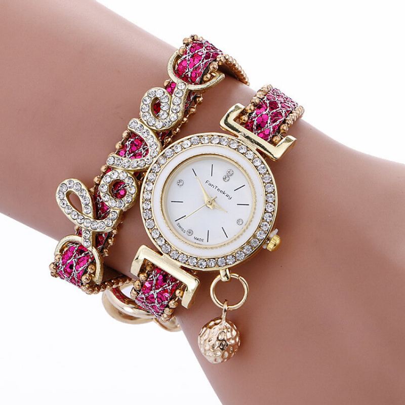 Módní Náramkové Hodinky Quartz Gold Alloy Rhinestone Love Dvouvrstvé Malé Zvonkové Pro Ženy