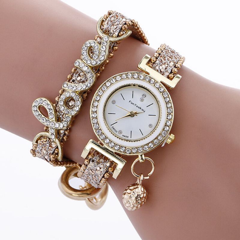 Módní Náramkové Hodinky Quartz Gold Alloy Rhinestone Love Dvouvrstvé Malé Zvonkové Pro Ženy