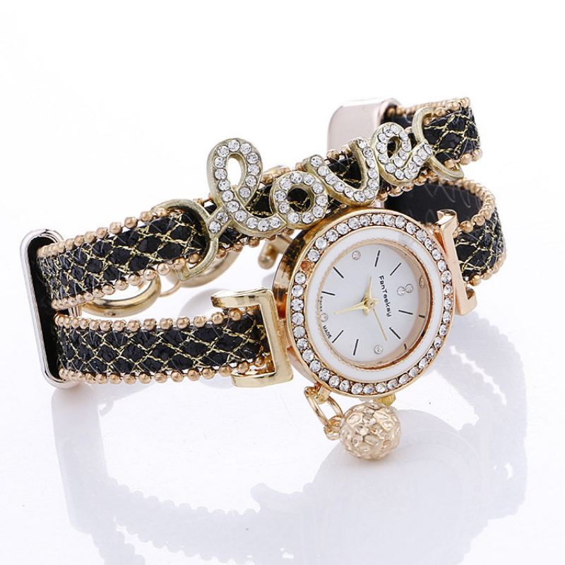 Módní Náramkové Hodinky Quartz Gold Alloy Rhinestone Love Dvouvrstvé Malé Zvonkové Pro Ženy