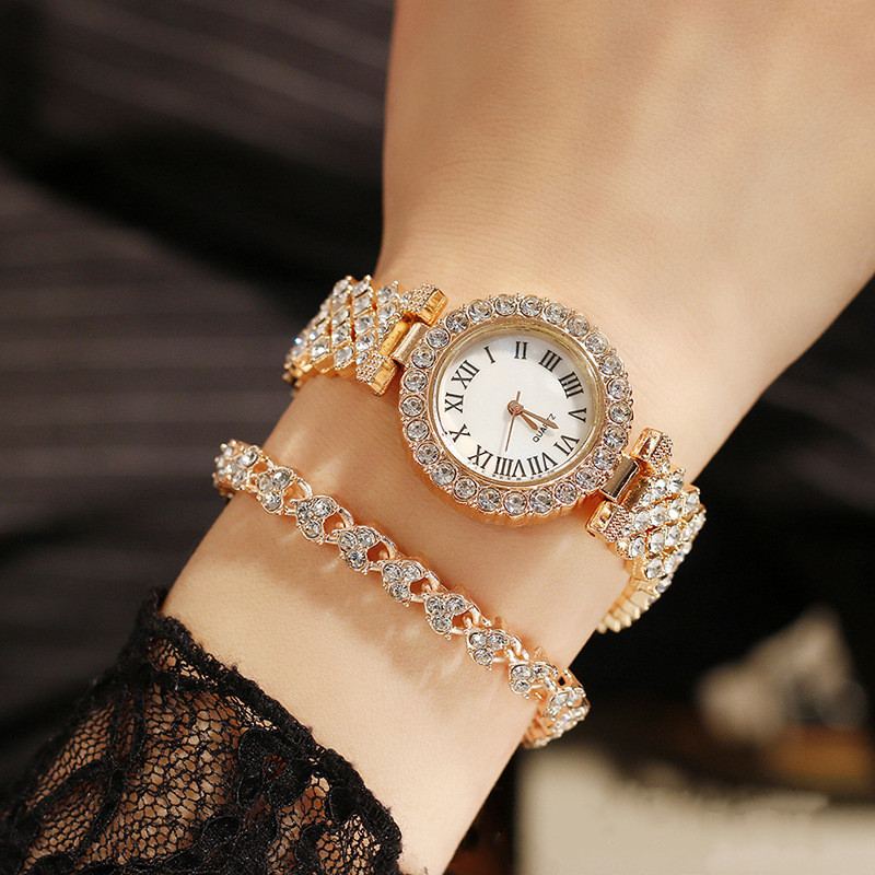 Módní Římský Vzor Diamantové Dámské Hodinky Quartz Watch Náramek