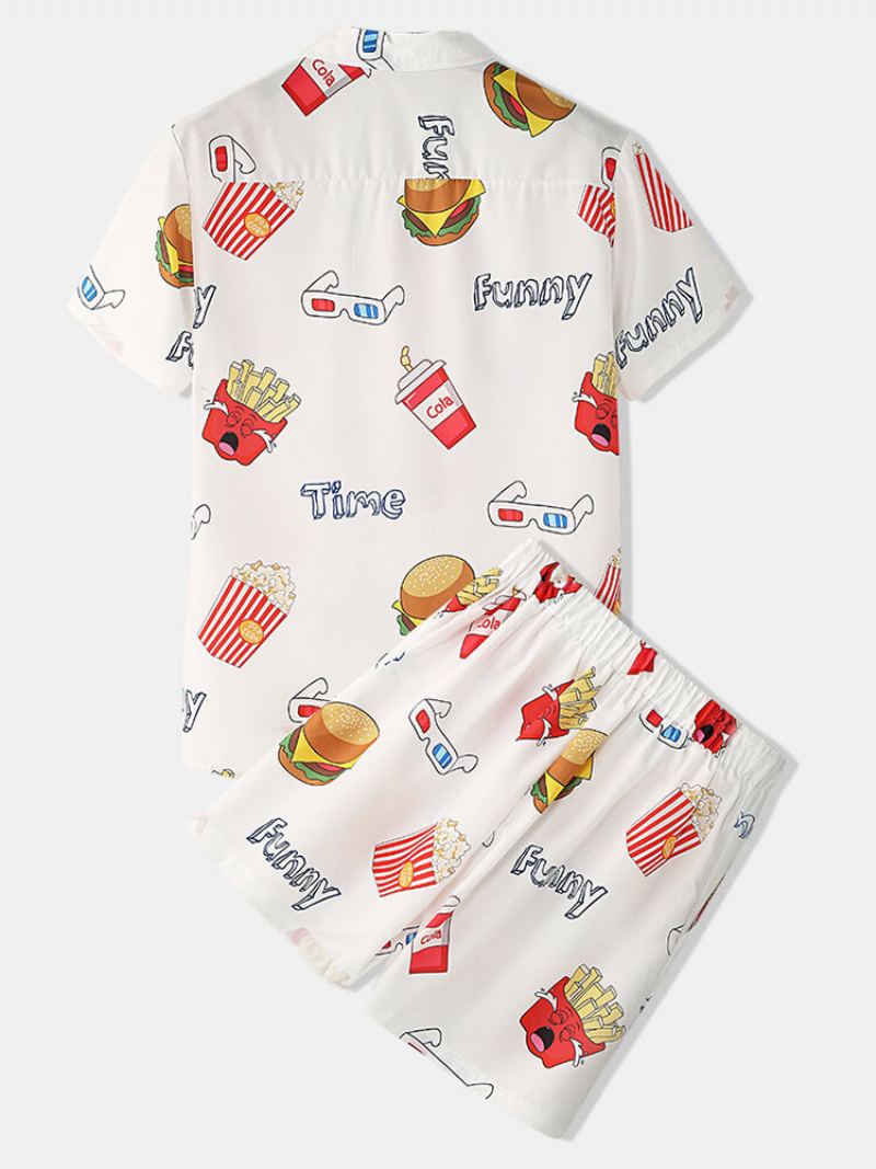 Muži Funny Print Hamburger Loungewear Sety Dvoudílné Klopové Límce Krátký Rukáv Tenké Letní Pyžamo