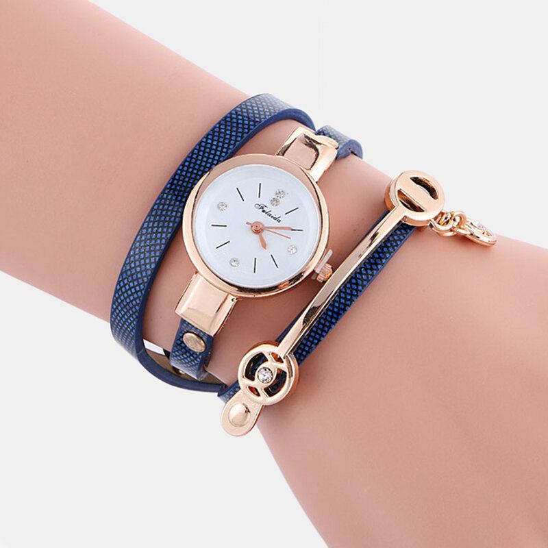 Retro Pu Strap Drahokamu Vícevrstvé Hodinky Kovový Přívěsek Nastavitelné Quartz