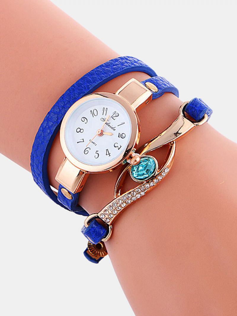 Retro Pu Strap Drahokamu Vícevrstvé Hodinky Metal Blue Crystal Nastavitelné Quartz